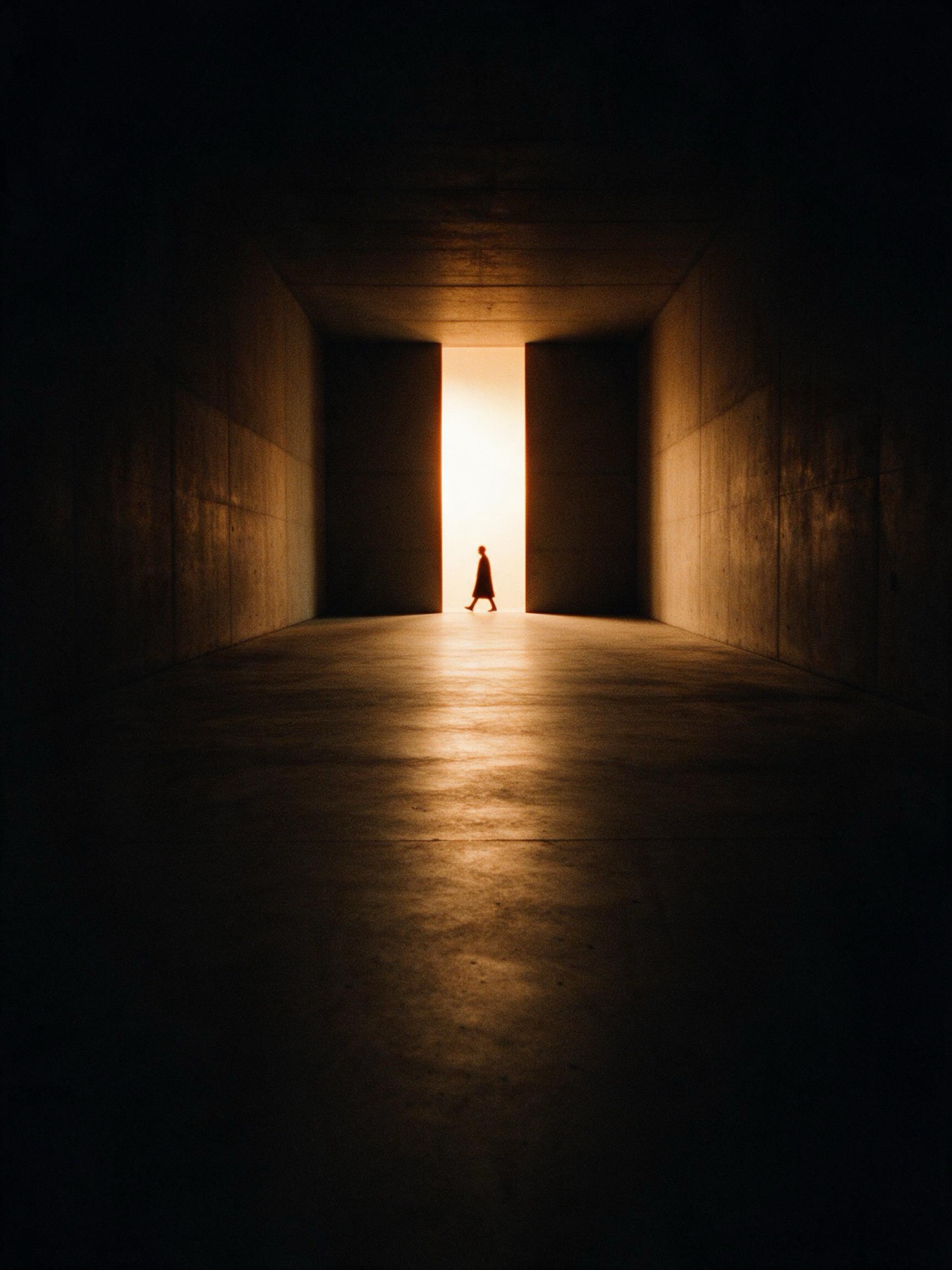 Corredor de concreto com uma abertura iluminada ao fundo